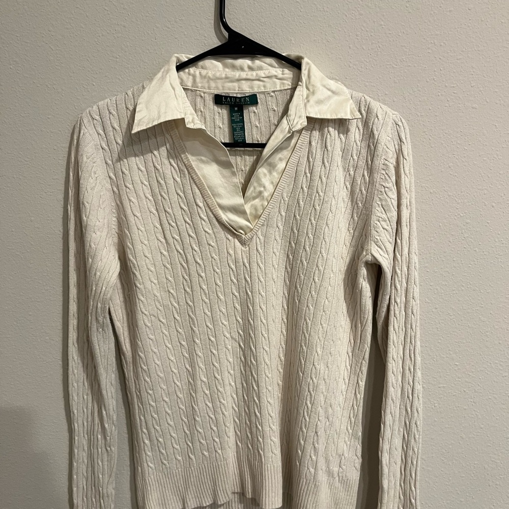 Lauren Ralph Lauren Cream V-Neck Sweater with Cable Knit